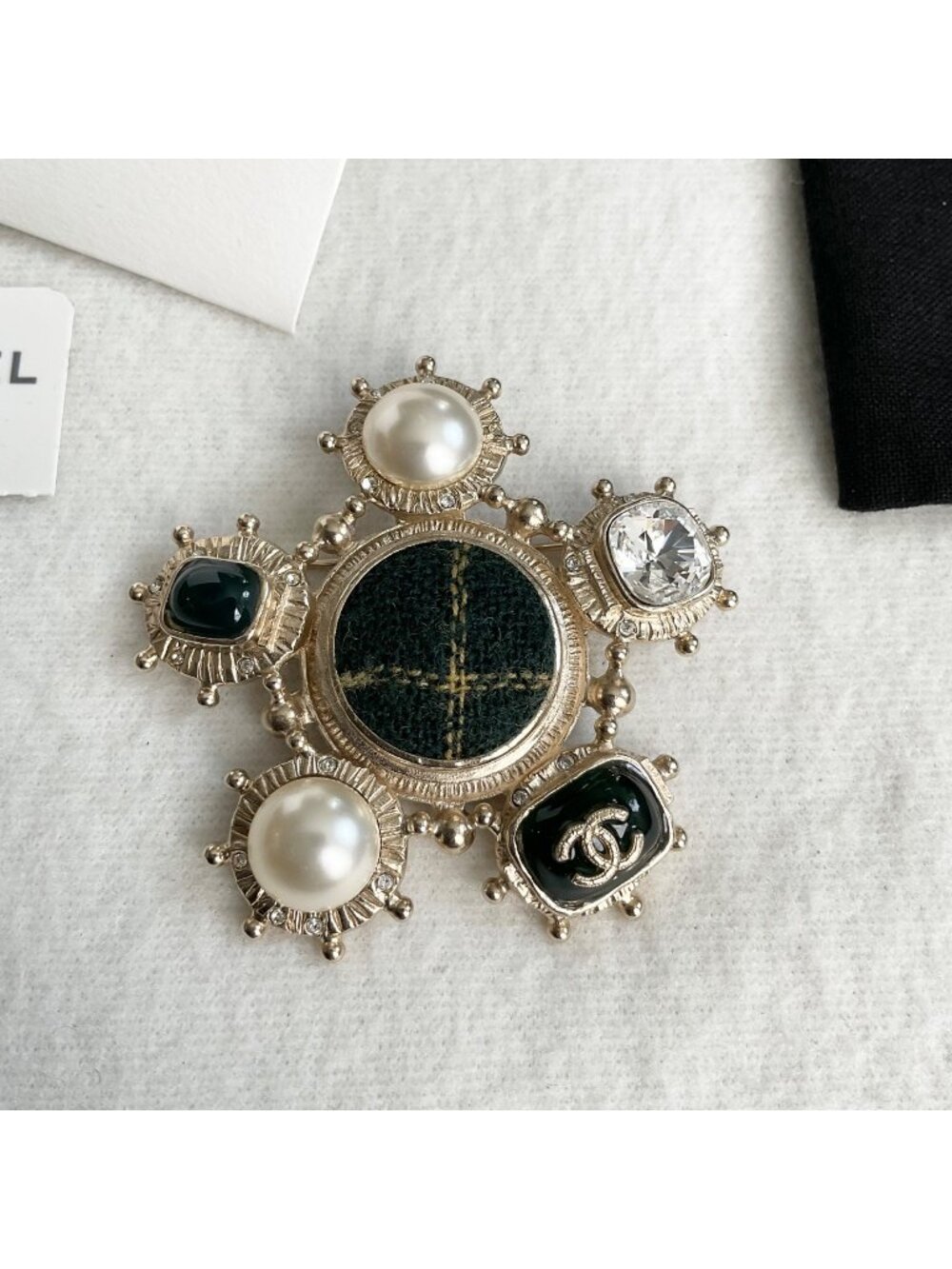 RARE W/ box CHANEL flower Brooch logo yellow tweed faux pearl golden 2 3/8 in